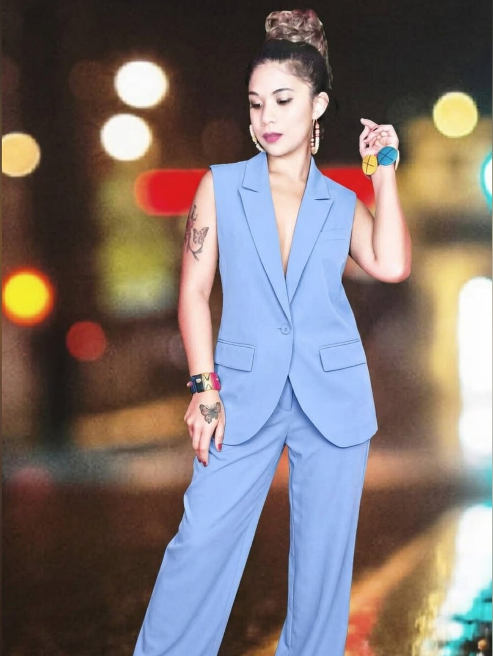 2pcs Sleeveless Light Blue Tailored Vest & Wide-Leg Pants Set